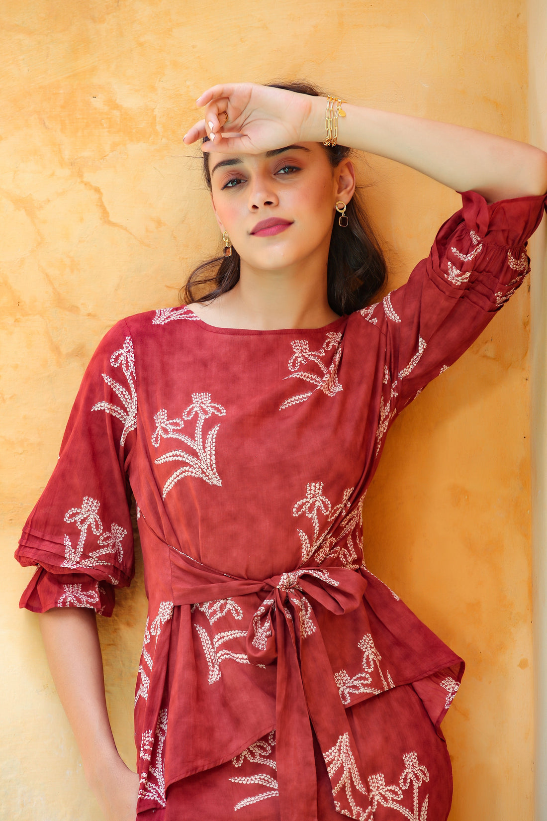 Shibori with Front Knot on Maroon Cotton Co-ord Set