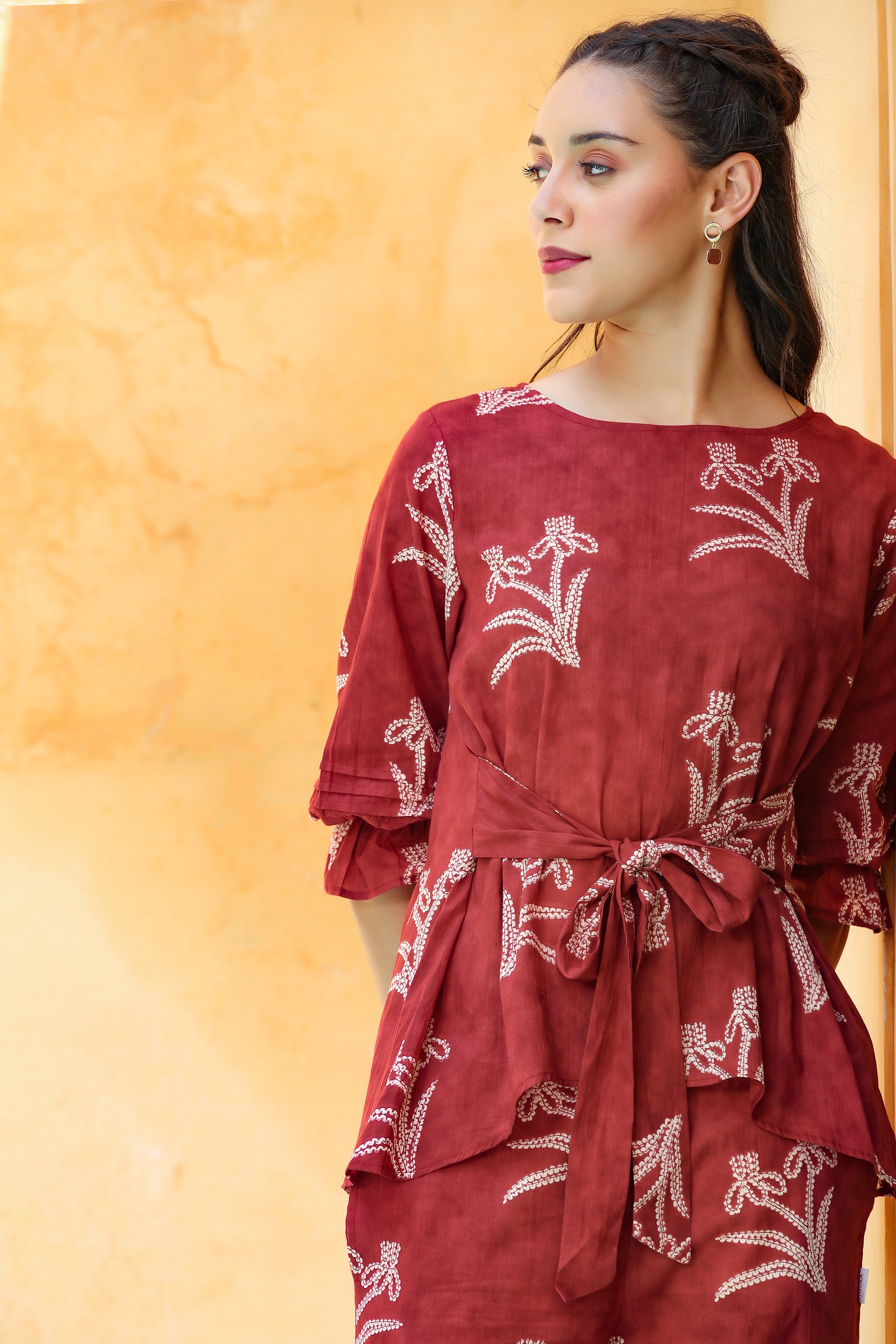 Shibori with Front Knot on Maroon Cotton Co-ord Set