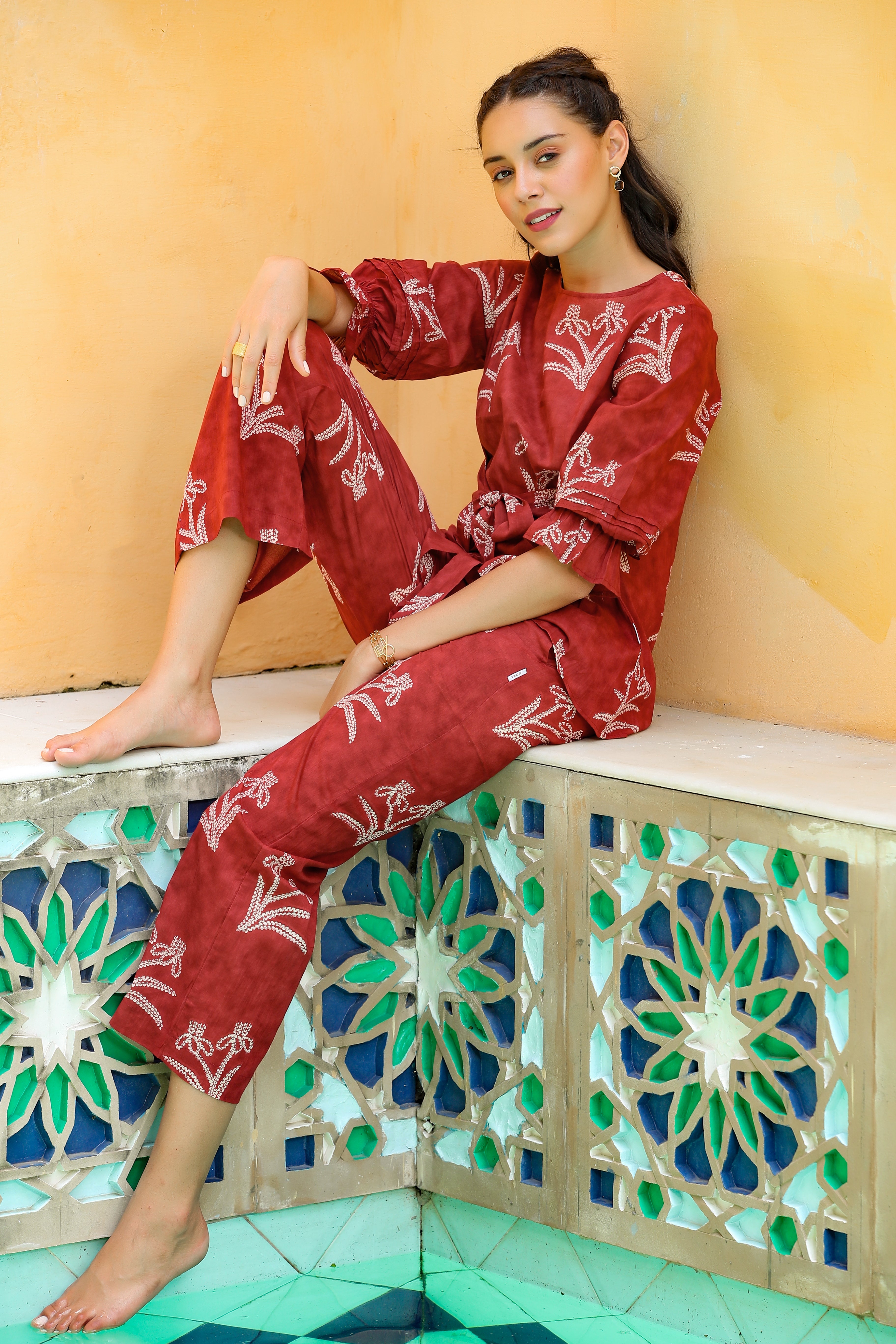 Shibori with Front Knot on Maroon Cotton Co-ord Set