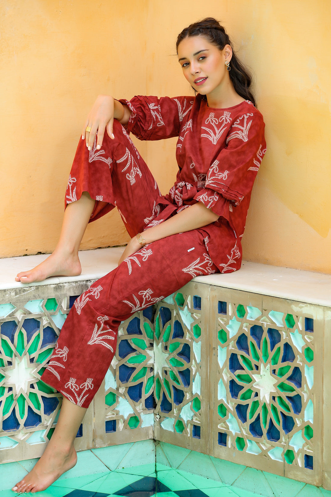 Shibori with Front Knot on Maroon Cotton Co-ord Set