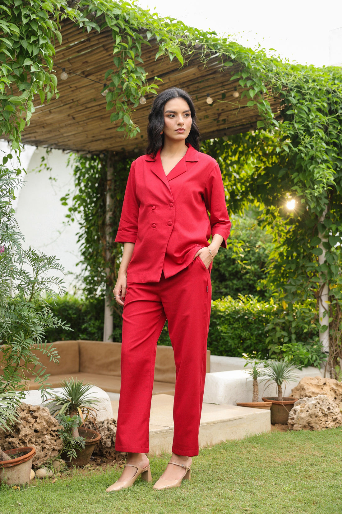 Red Blazer-Style with Notch Lapel Cotton Flex Co-ord Set