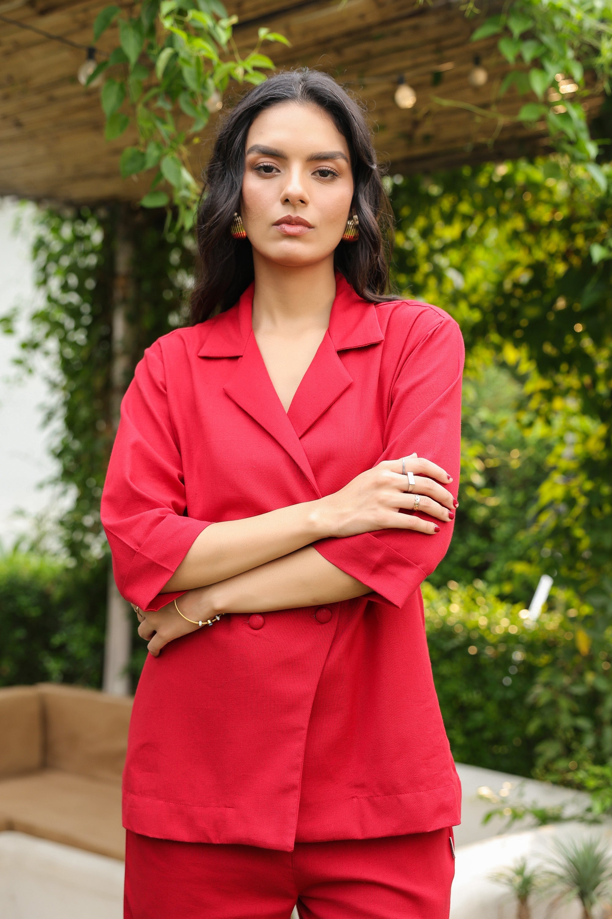 Red Blazer-Style with Notch Lapel Cotton Flex Co-ord Set