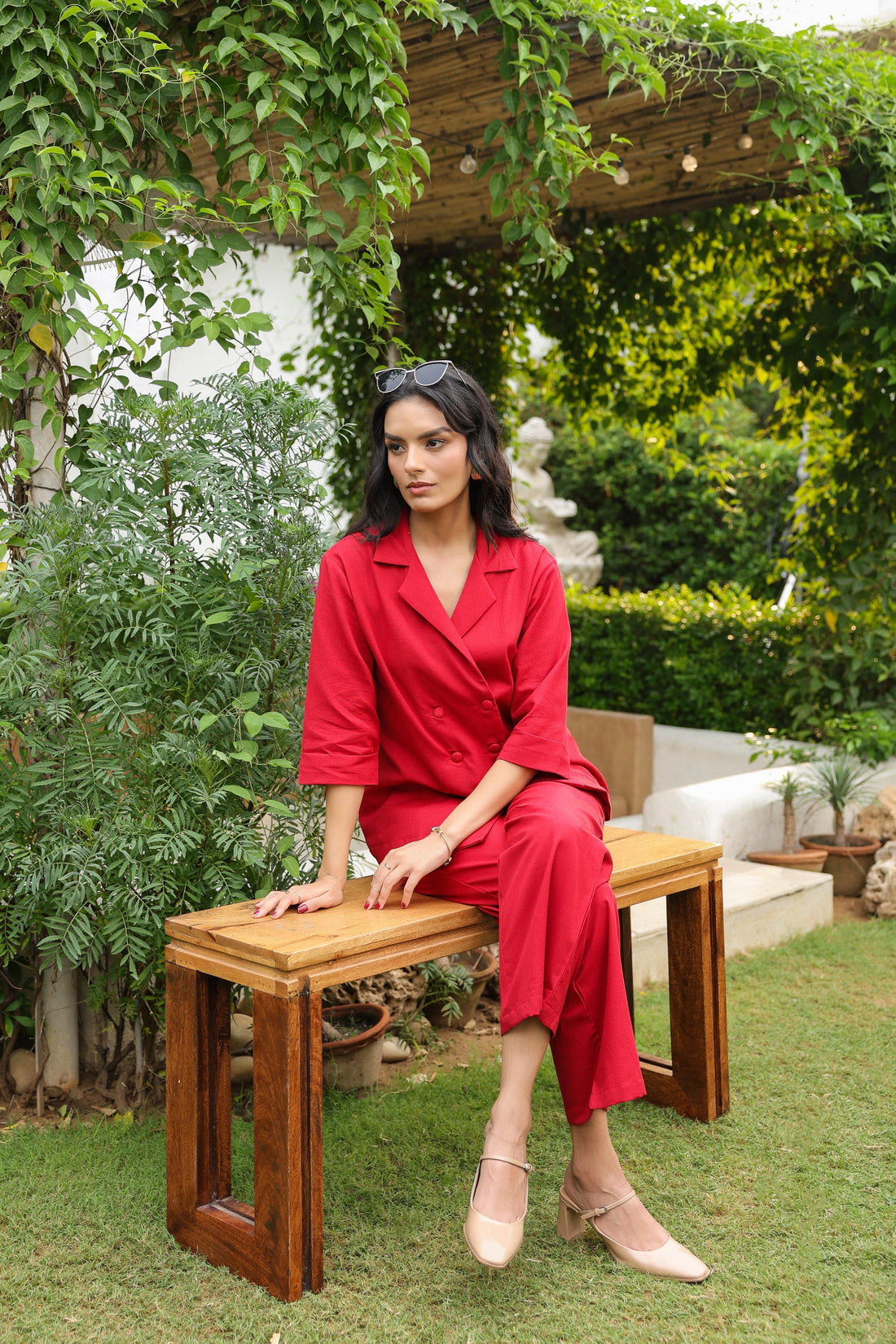 Red Blazer-Style with Notch Lapel Cotton Flex Co-ord Set