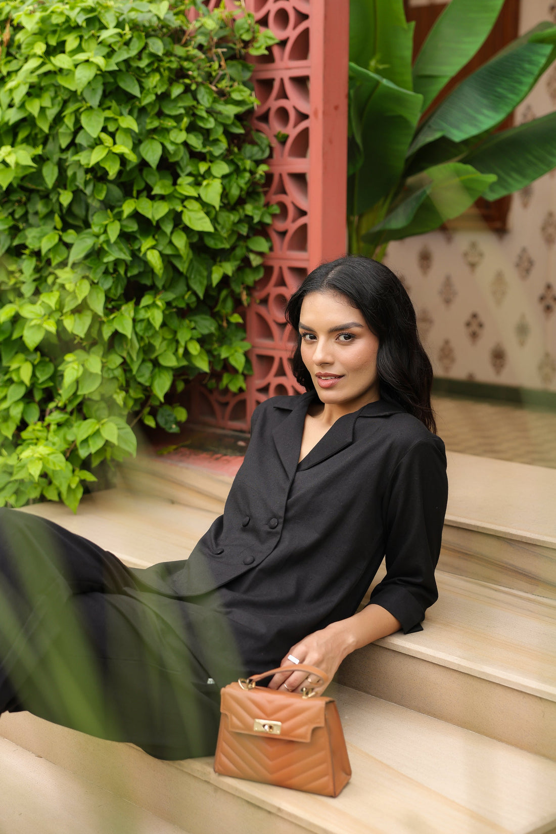 Double-Breasted Blazer Black Solid Cotton Flex Co-ord Set