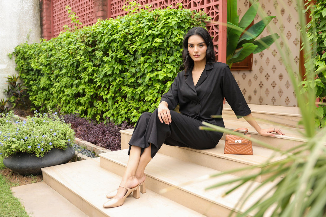 Double-Breasted Blazer Black Solid Cotton Flex Co-ord Set