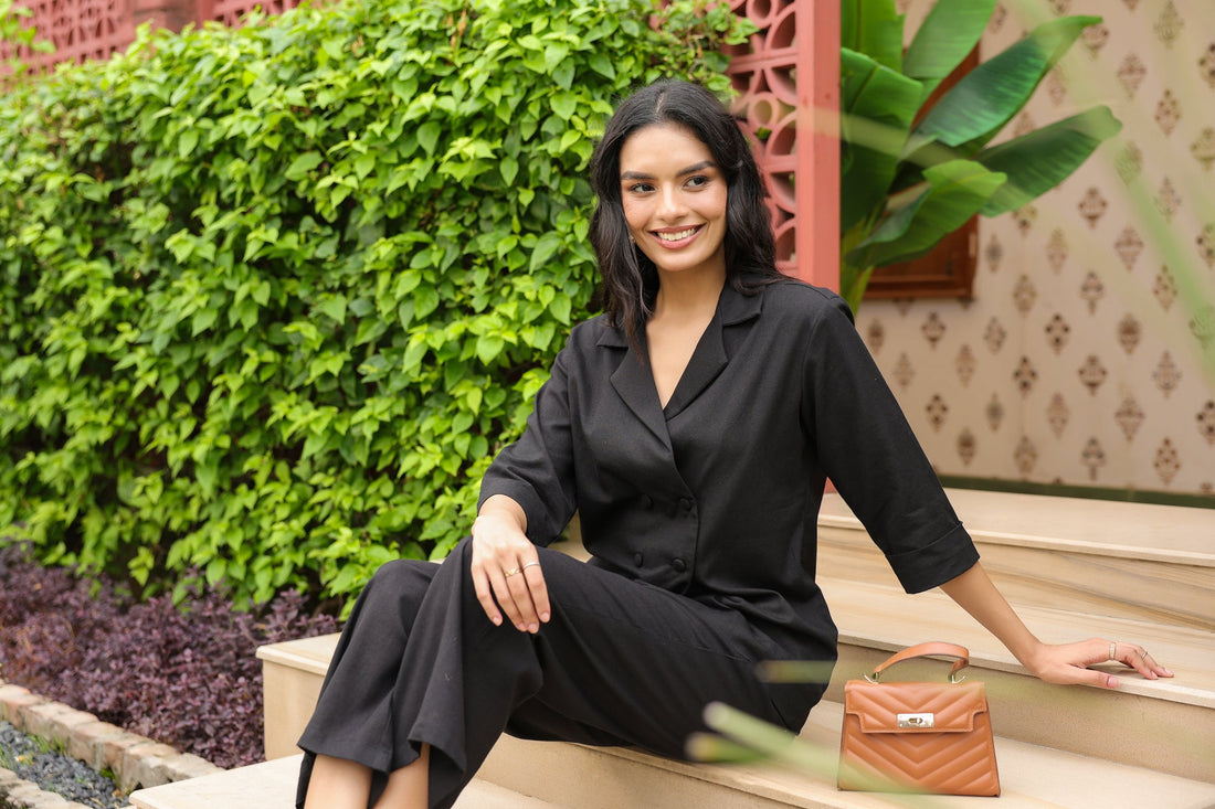 Double-Breasted Blazer Black Solid Cotton Flex Co-ord Set