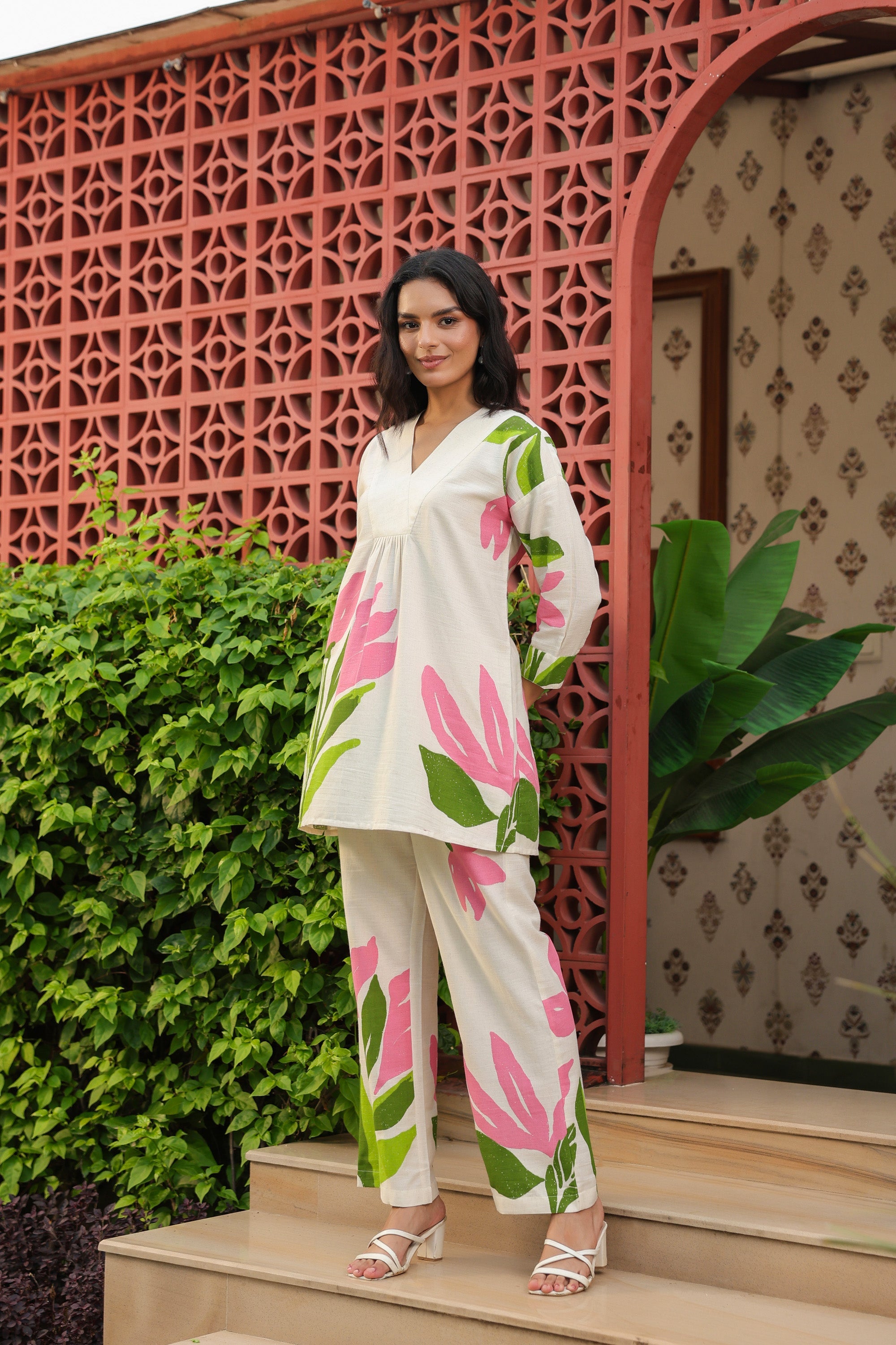 Elegant Blush Floral Printed Cotton Flex Co-ord Set