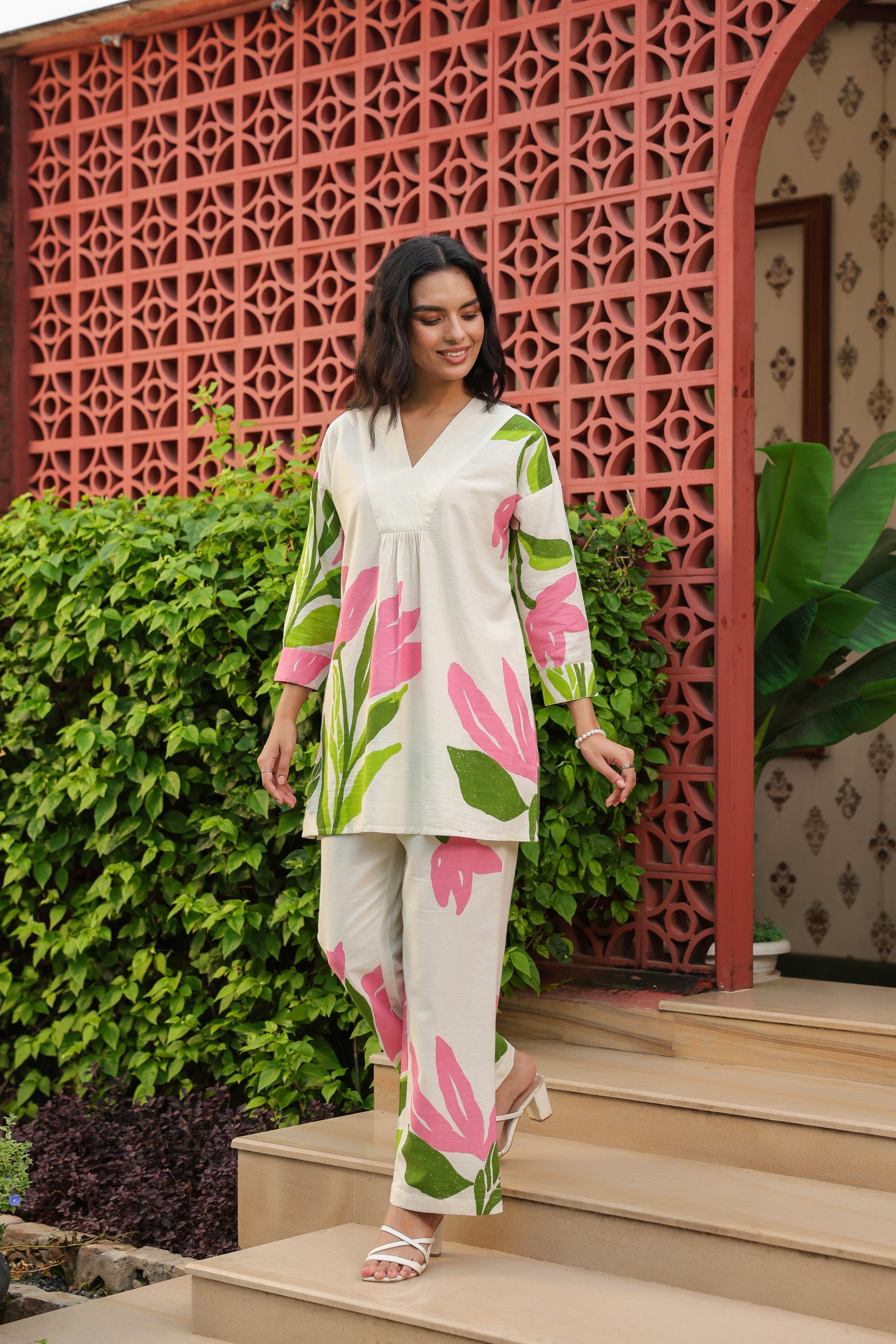 Elegant Blush Floral Printed Cotton Flex Co-ord Set