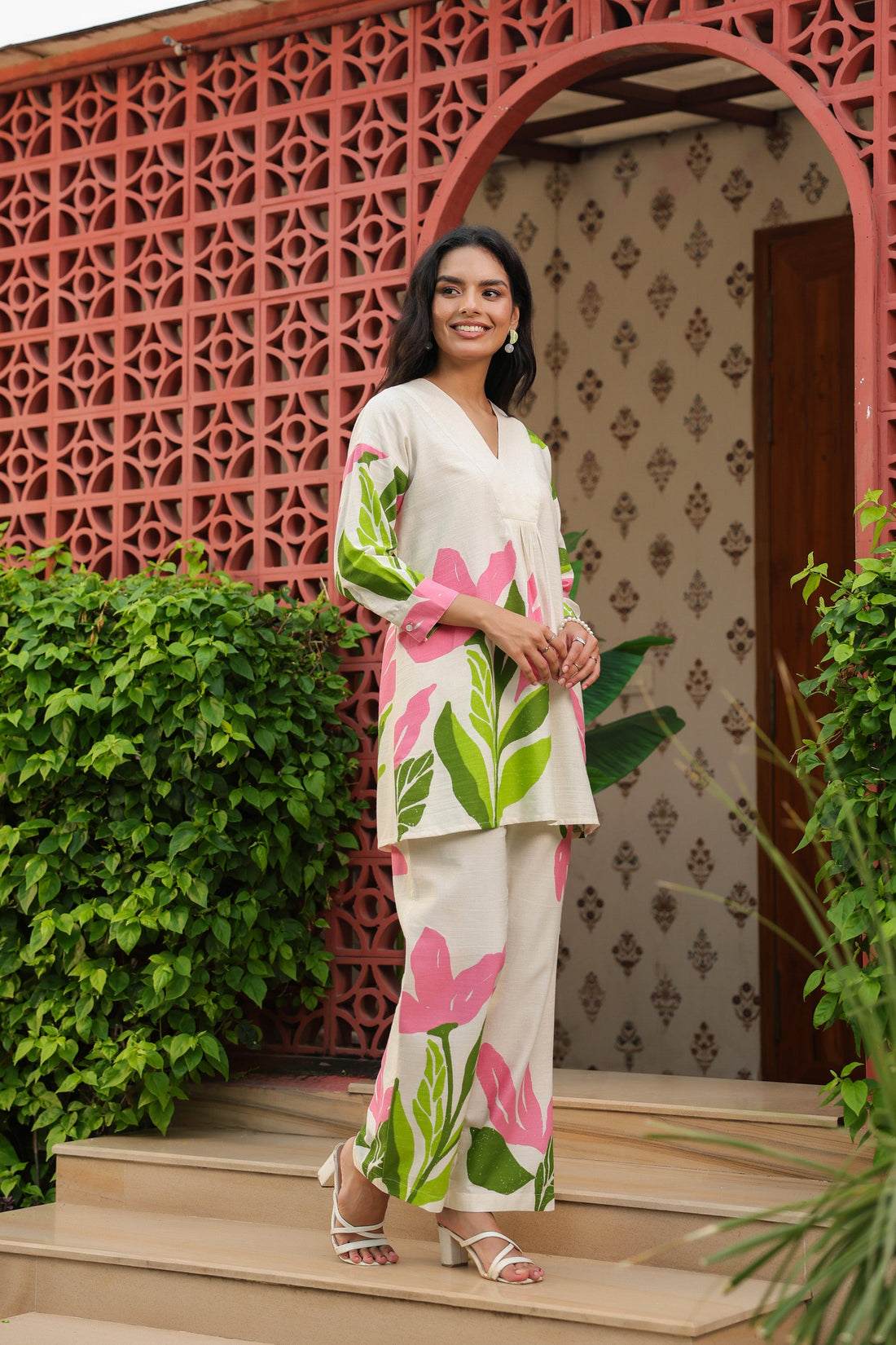 Elegant Blush Floral Printed Cotton Flex Co-ord Set