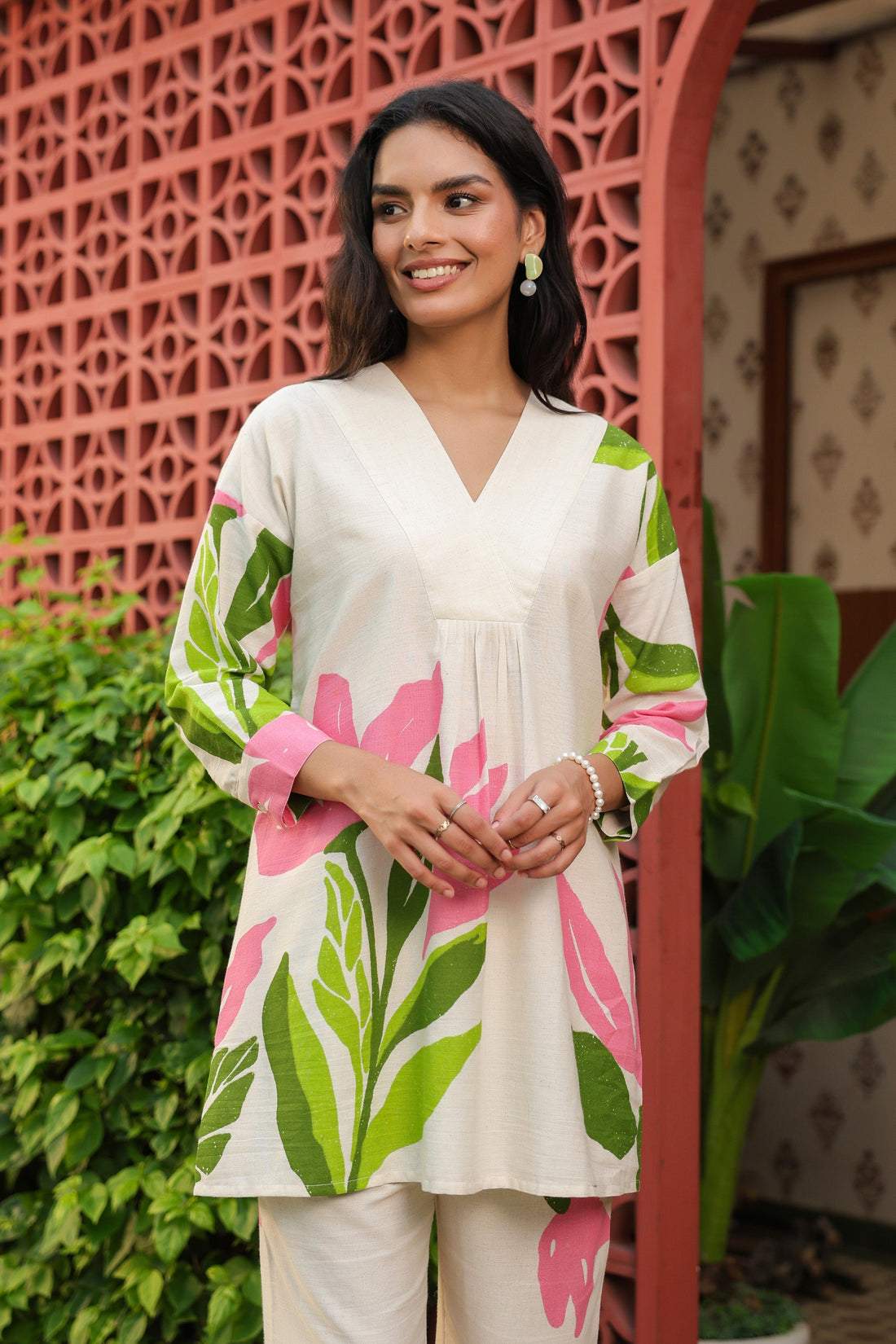 Elegant Blush Floral Printed Cotton Flex Co-ord Set