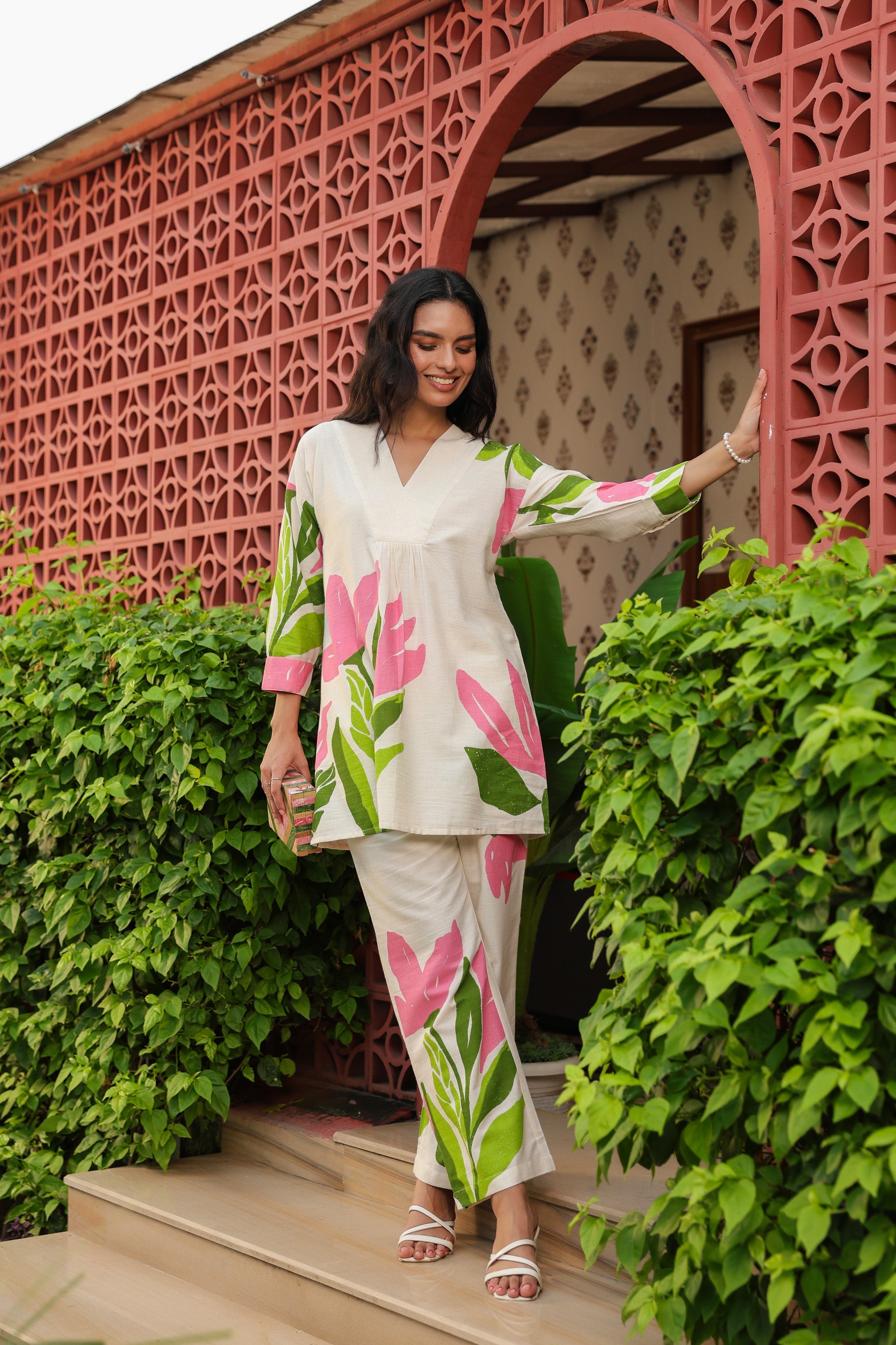 Elegant Blush Floral Printed Cotton Flex Co-ord Set