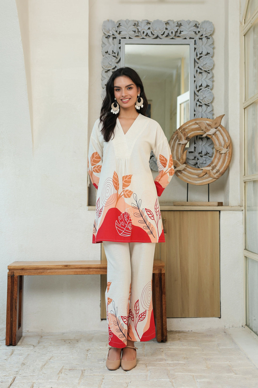 Leafs Printed Off-White Cotton Flex Co-ord Set