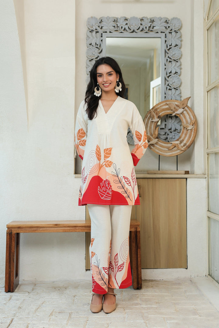 Leafs Printed Off-White Cotton Flex Co-ord Set