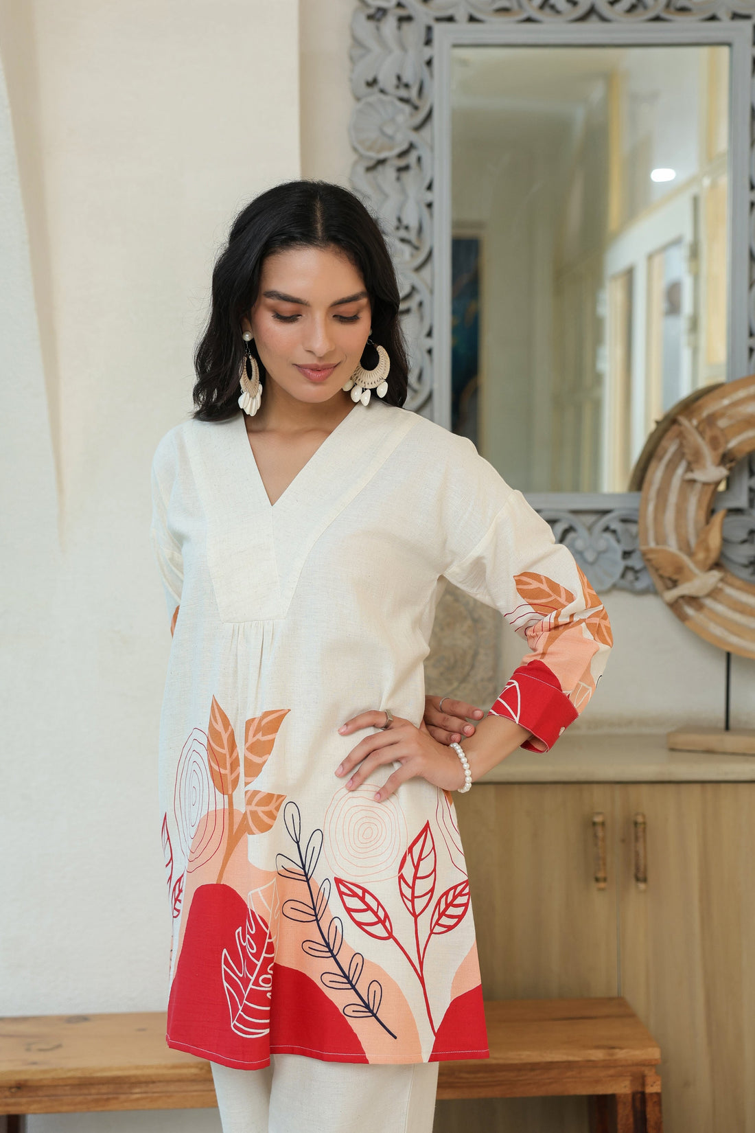 Leafs Printed Off-White Cotton Flex Co-ord Set