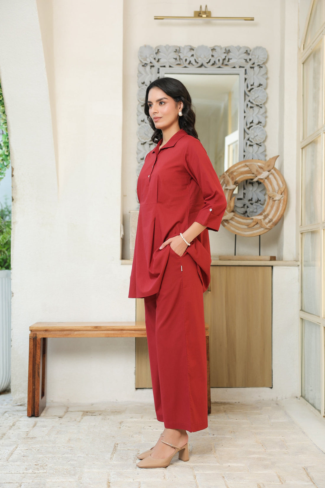 Crimson Ease Cotton Maroon Co-ord Set