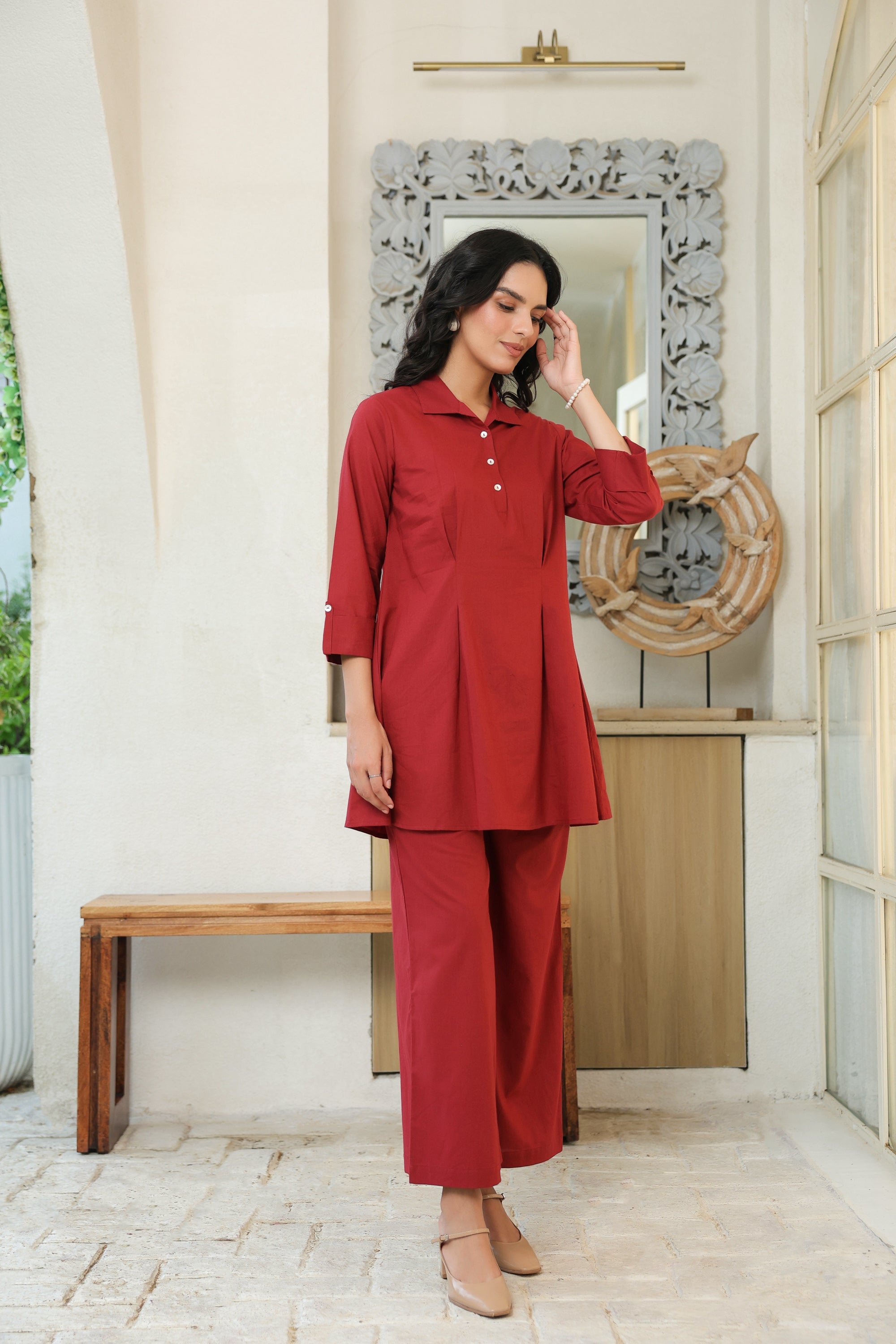 Crimson Ease Cotton Maroon Co-ord Set