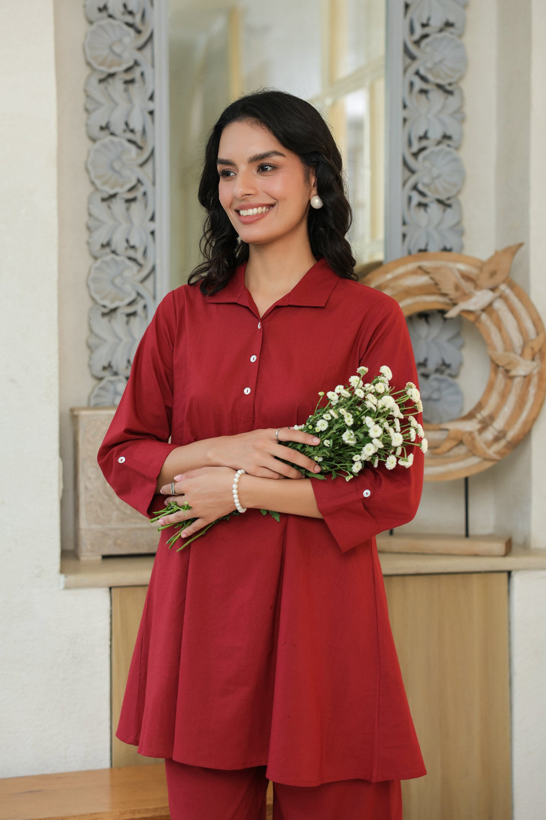 Crimson Ease Cotton Maroon Co-ord Set