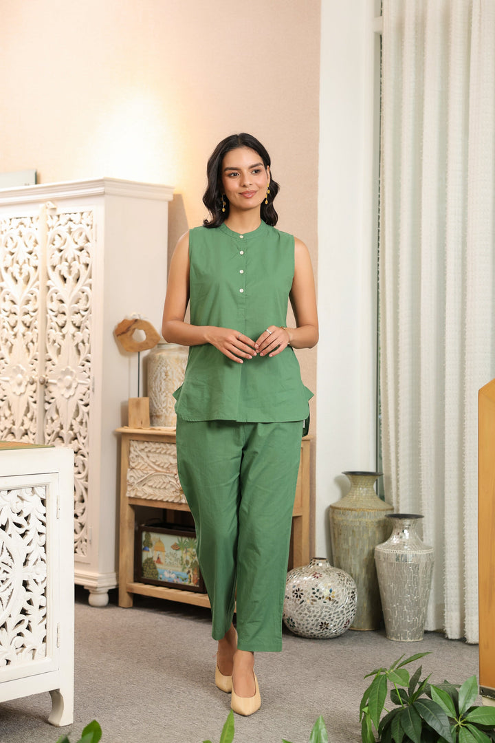 Solid Green Sleeveless Cotton Co-ord Set