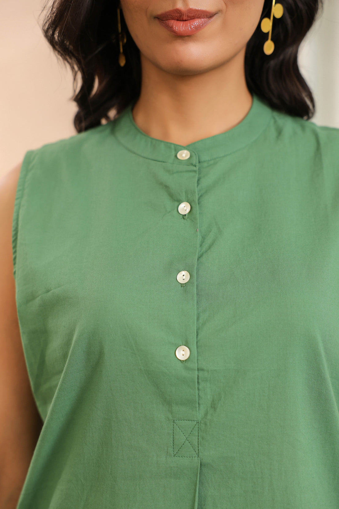 Solid Green Sleeveless Cotton Co-ord Set