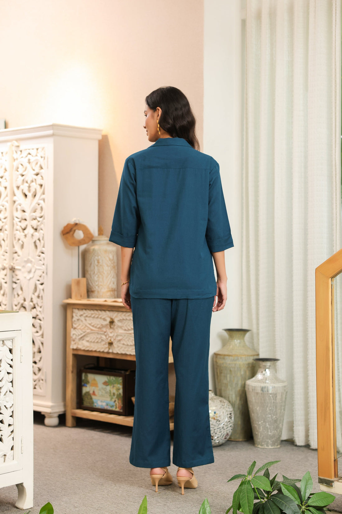 Solid Teal Blue Double-Breasted Cotton Flex Co-ord Set