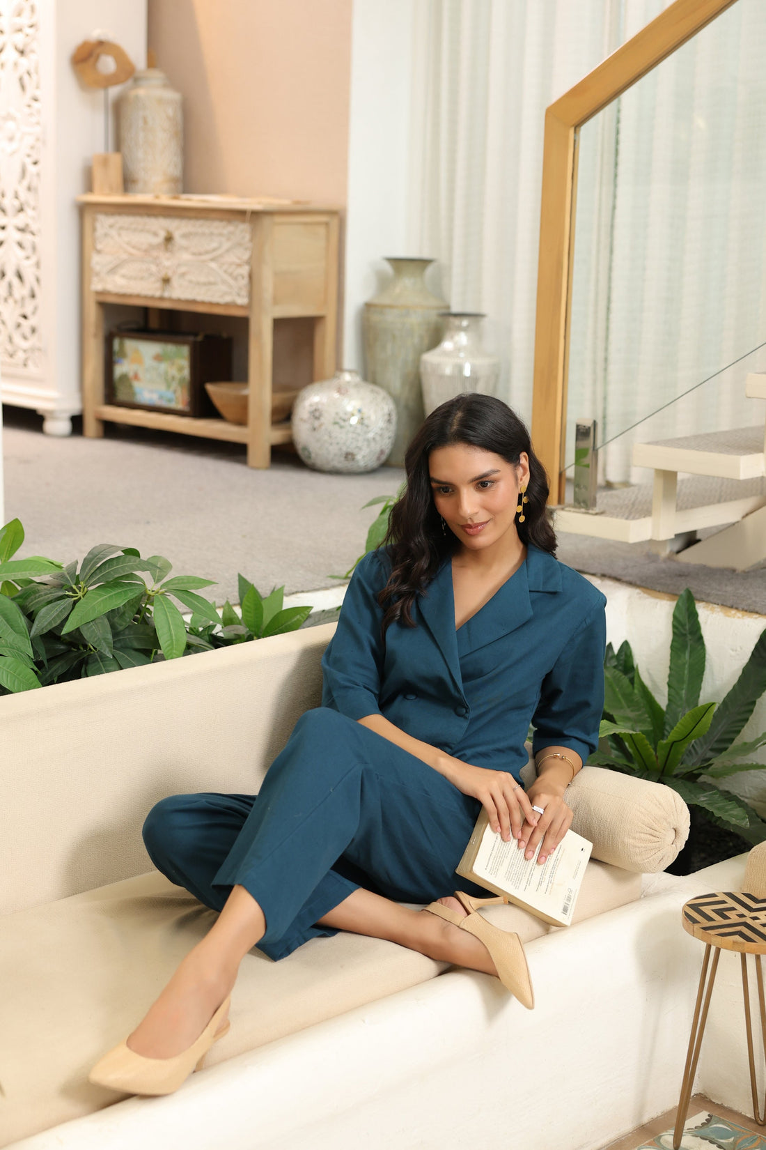 Solid Teal Blue Double-Breasted Cotton Flex Co-ord Set