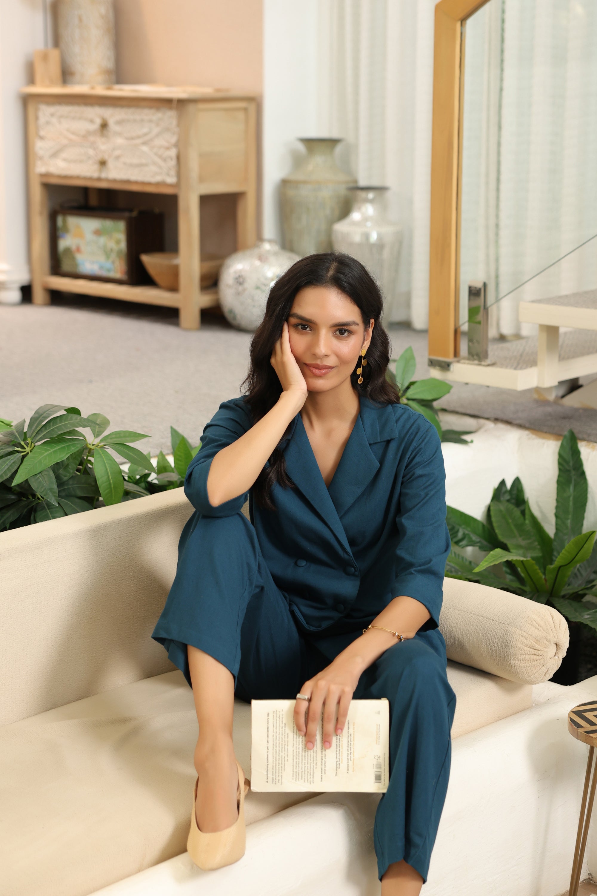 Solid Teal Blue Double-Breasted Cotton Flex Co-ord Set