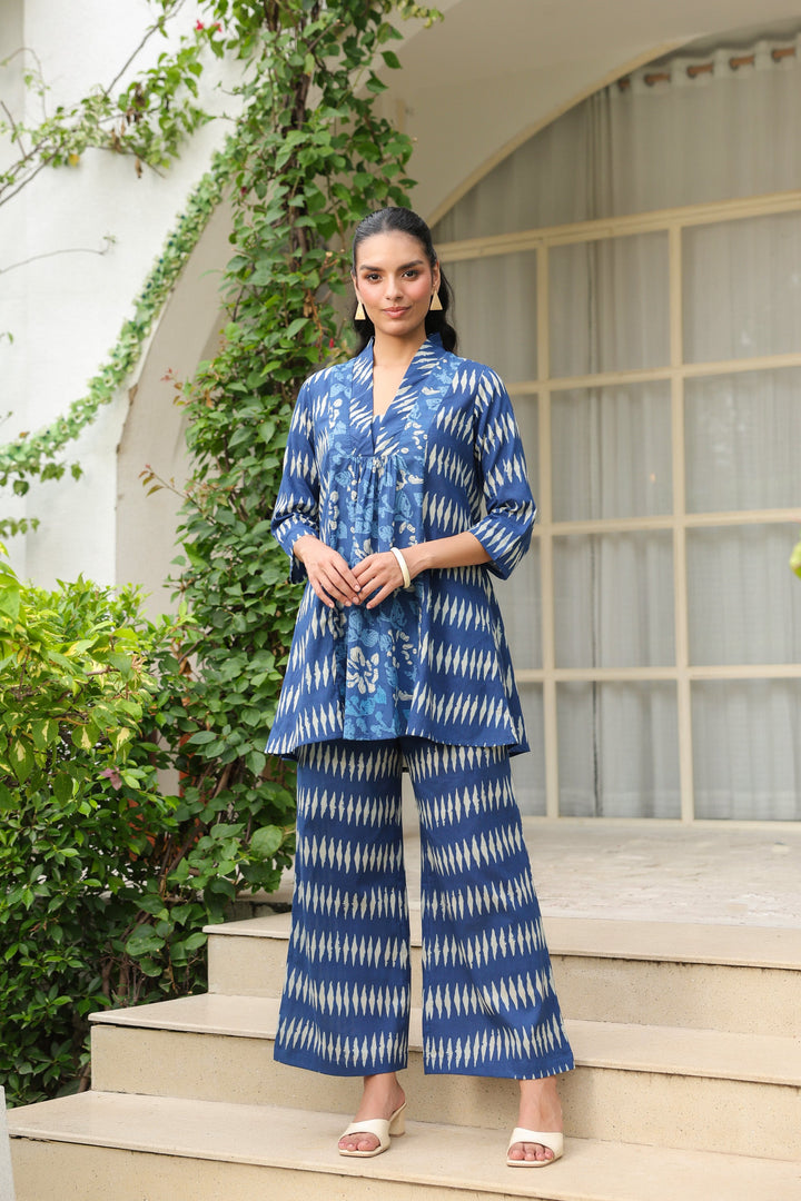 Blue Essence Ikat Fusion Printed Cotton Co-ord Set
