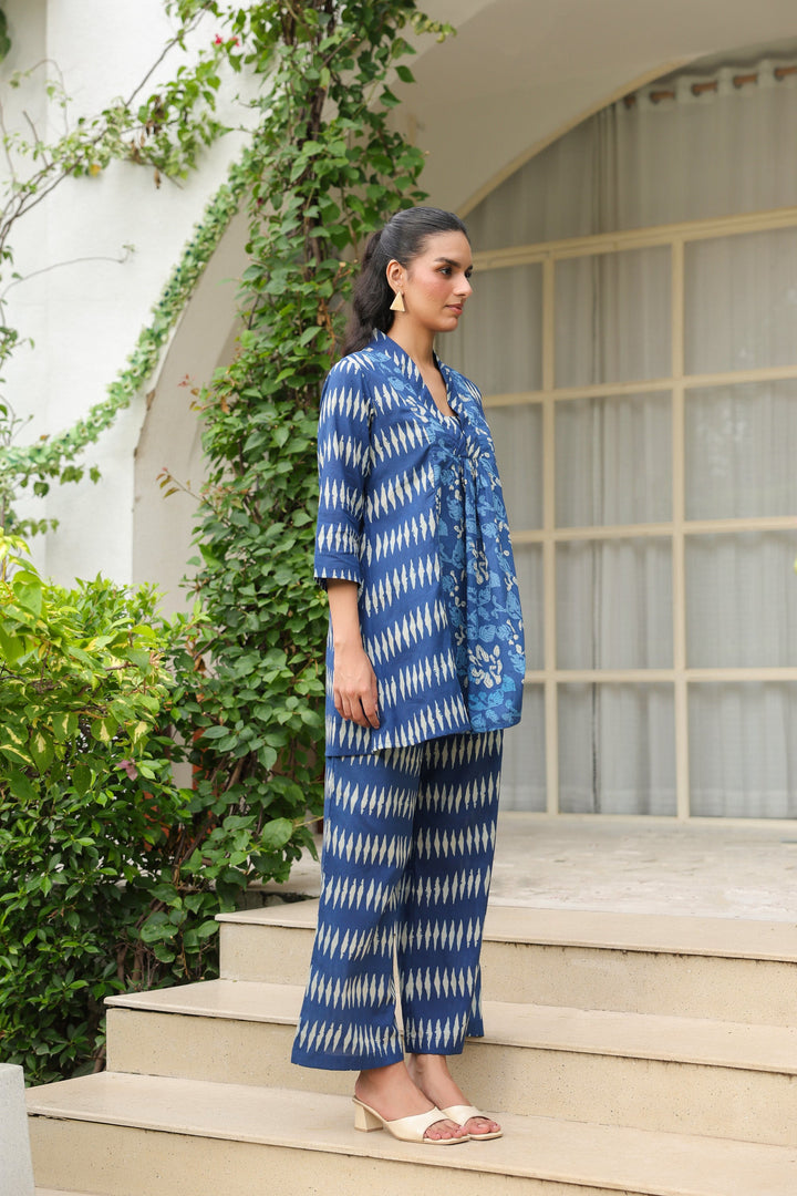 Blue Essence Ikat Fusion Printed Cotton Co-ord Set