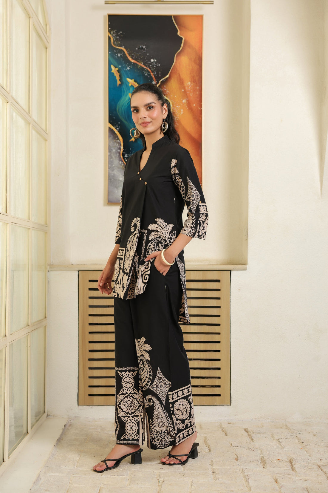 Black Ethnic Print Cotton Co-ord Set