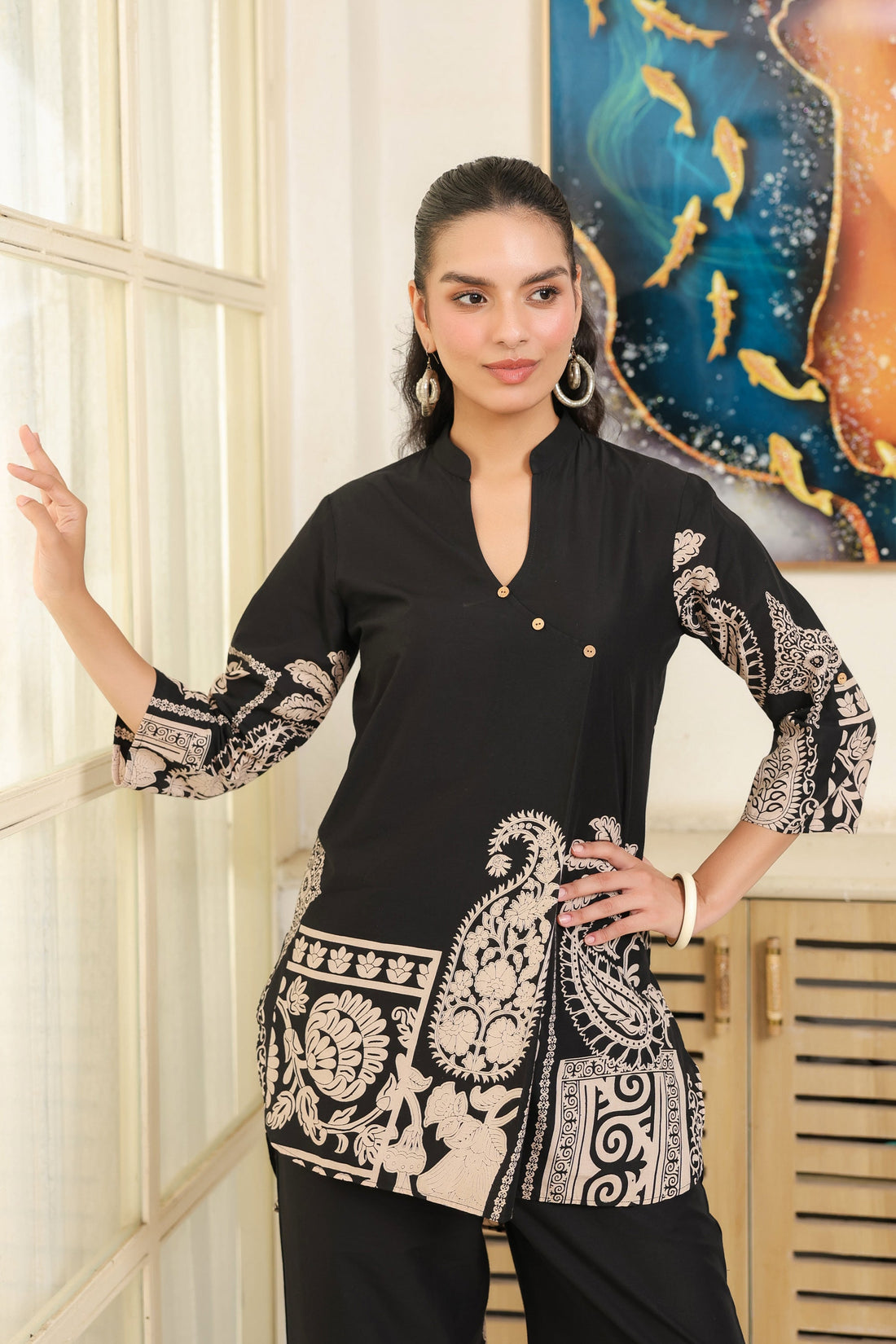 Black Ethnic Print Cotton Co-ord Set