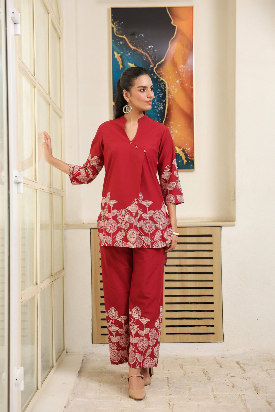 Red Floral Border Printed Cotton Co-ord Set
