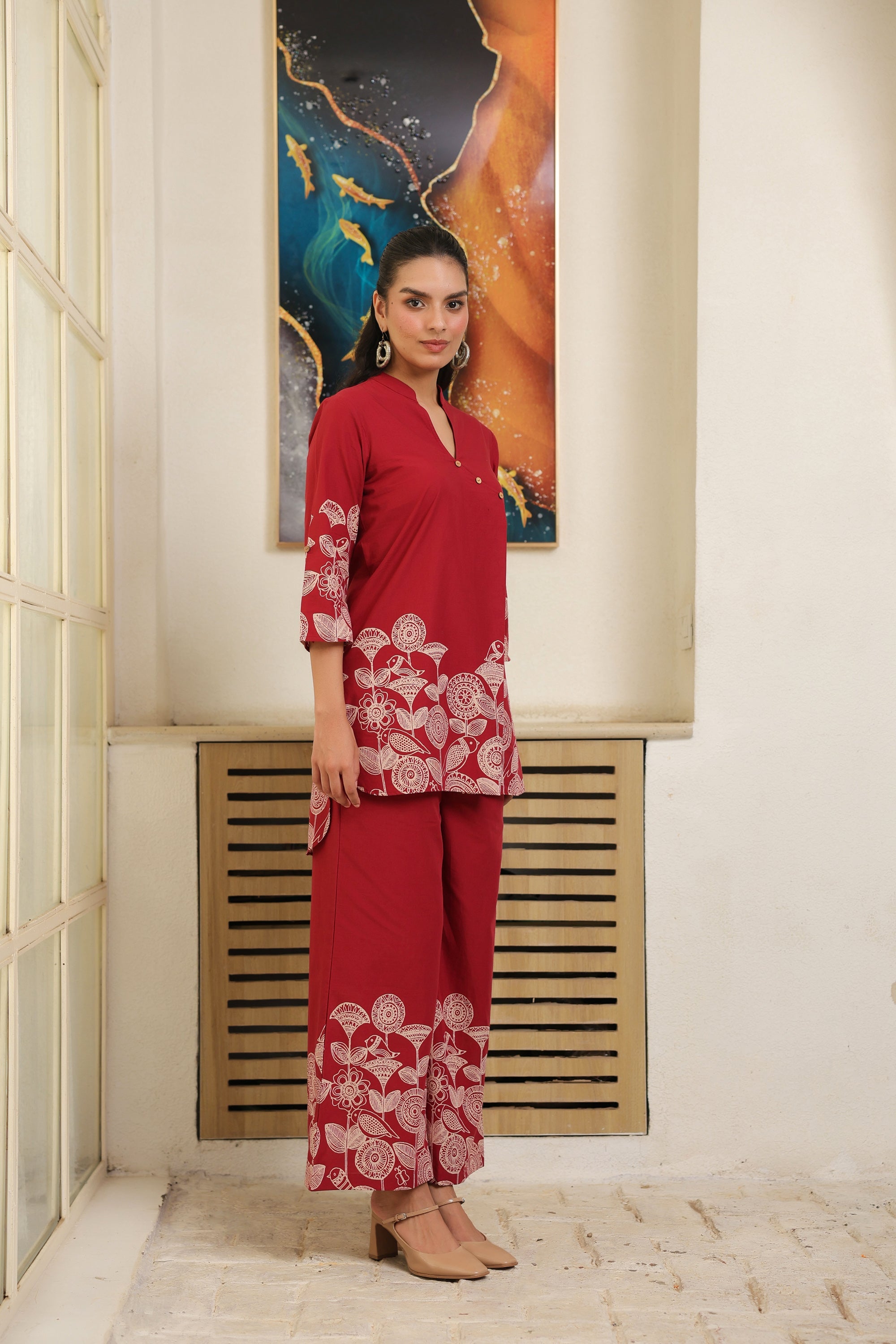 Red Floral Border Printed Cotton Co-ord Set