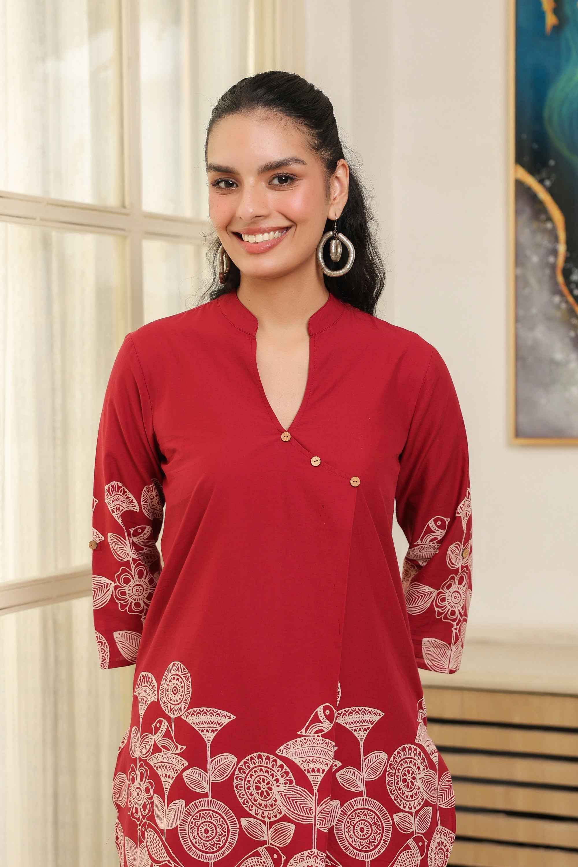 Red Floral Border Printed Cotton Co-ord Set