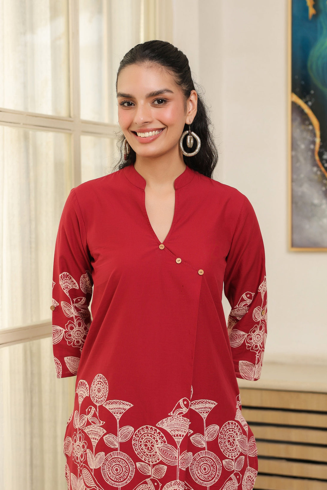 Red Floral Border Printed Cotton Co-ord Set