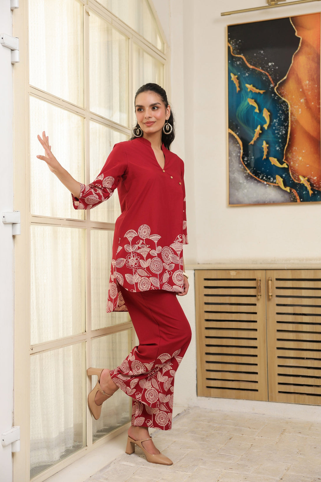 Red Floral Border Printed Cotton Co-ord Set