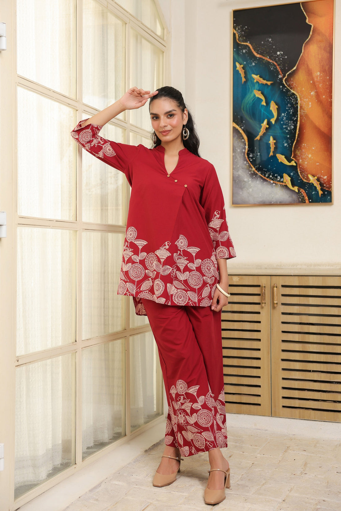 Red Floral Border Printed Cotton Co-ord Set