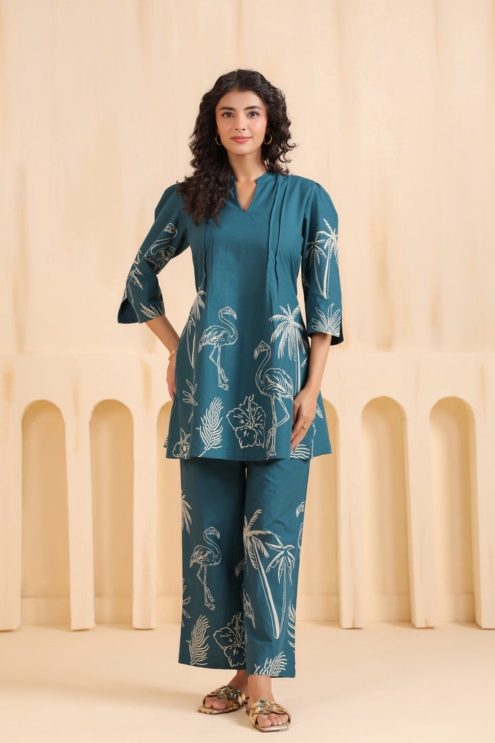 Teal Flamingo Printed Cotton Co-ord Set