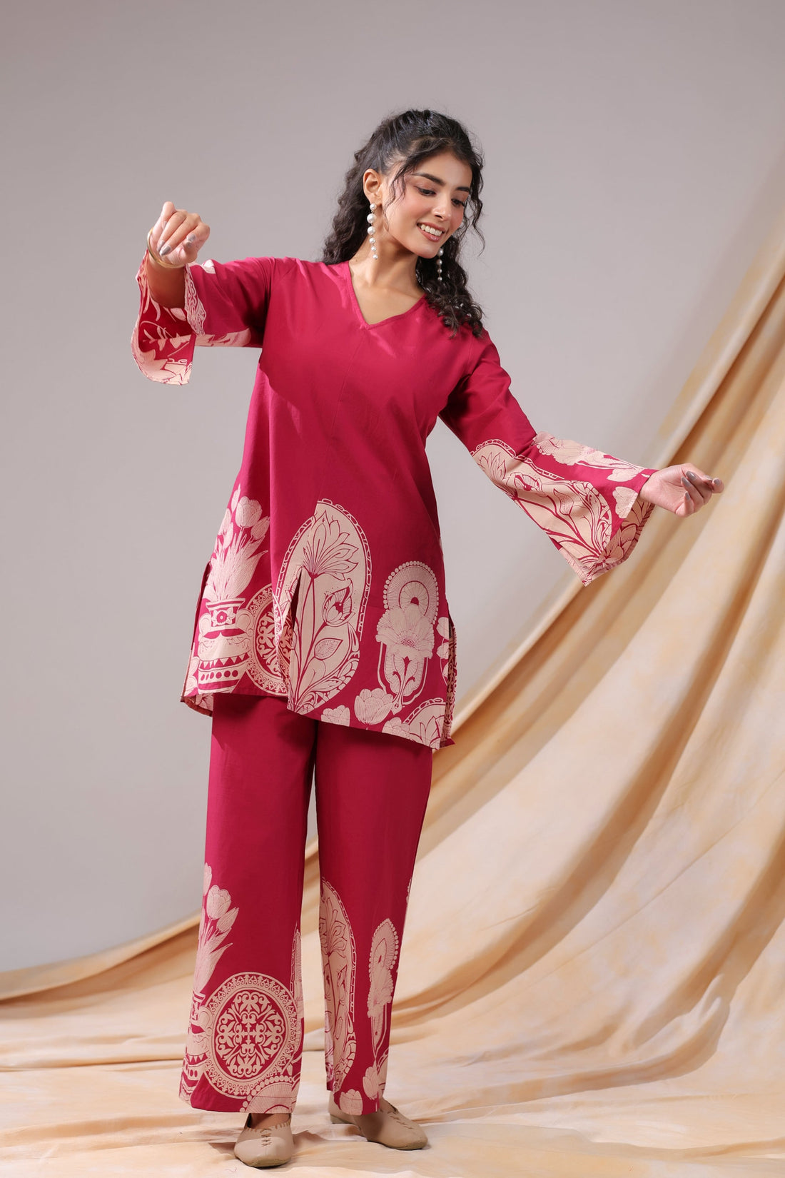 Pink Floral & Geometric Motifs Printed Cotton Co-ord Set