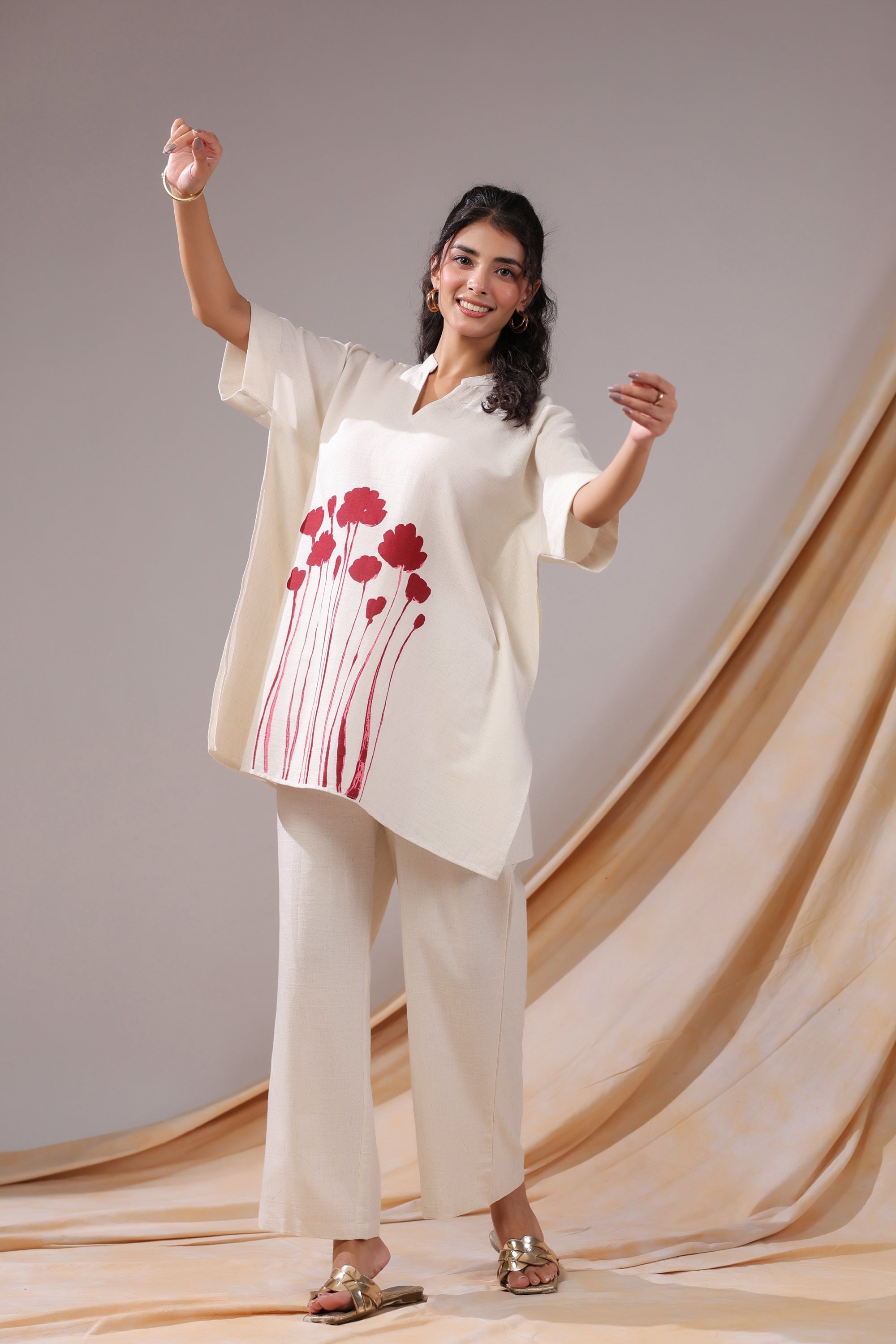 Off-White And Red Floral Print Tunic Cotton Flex Co-ord Set