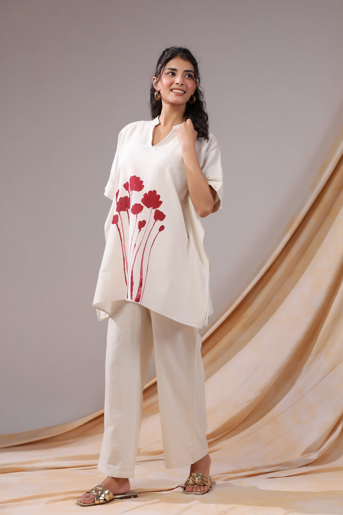 Off-White And Red Floral Print Tunic Cotton Flex Co-ord Set