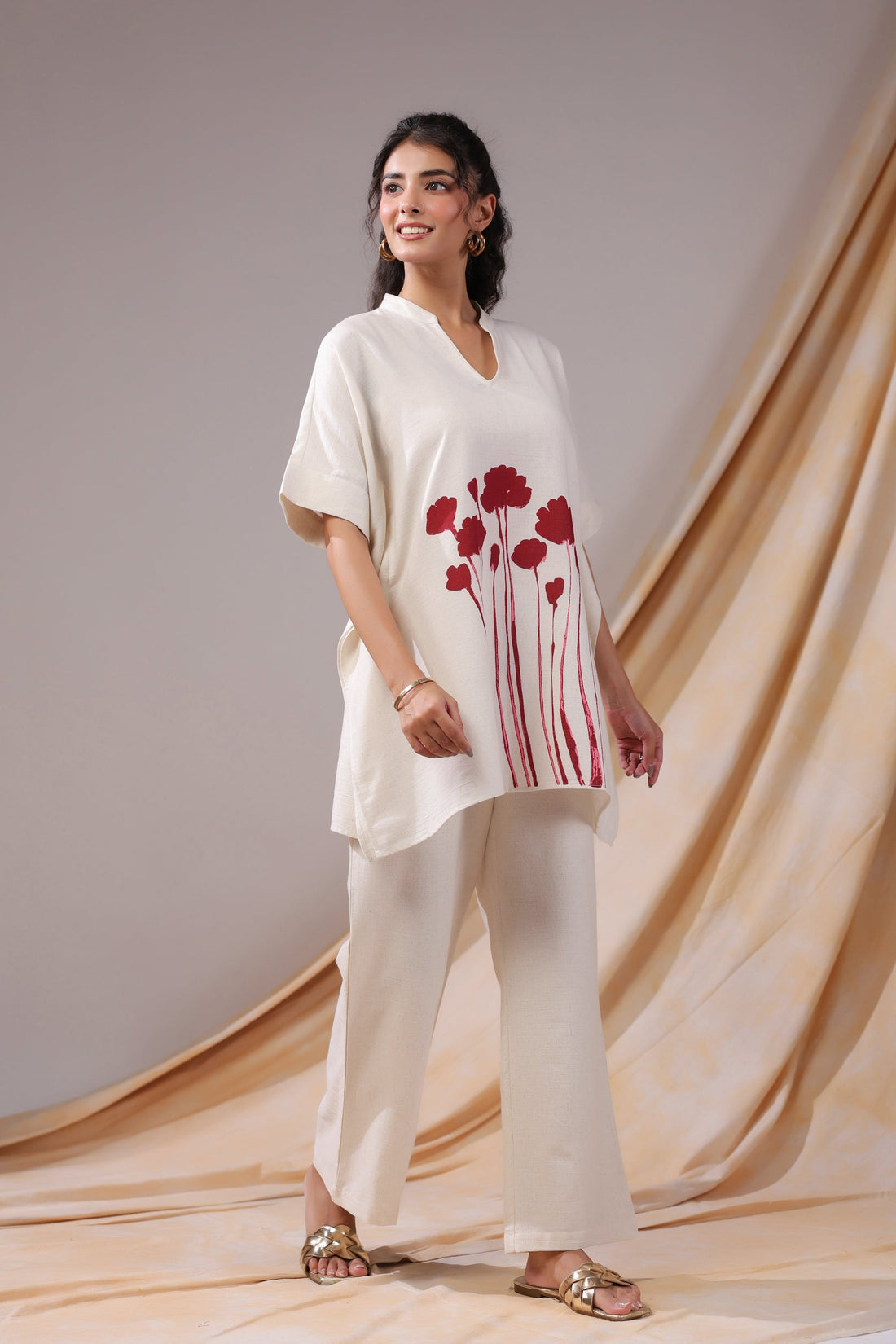 Off-White And Red Floral Print Tunic Cotton Flex Co-ord Set