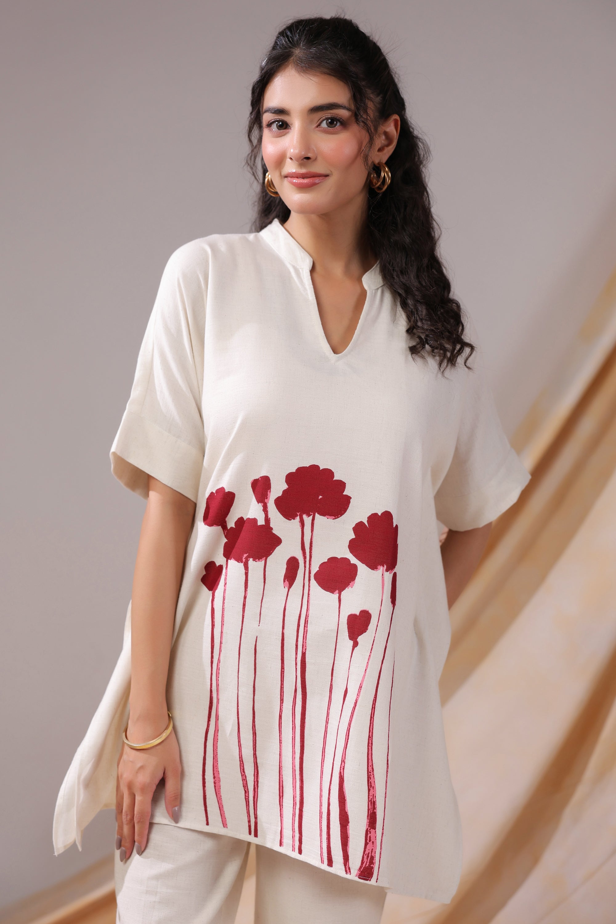 Off-White And Red Floral Print Tunic Cotton Flex Co-ord Set