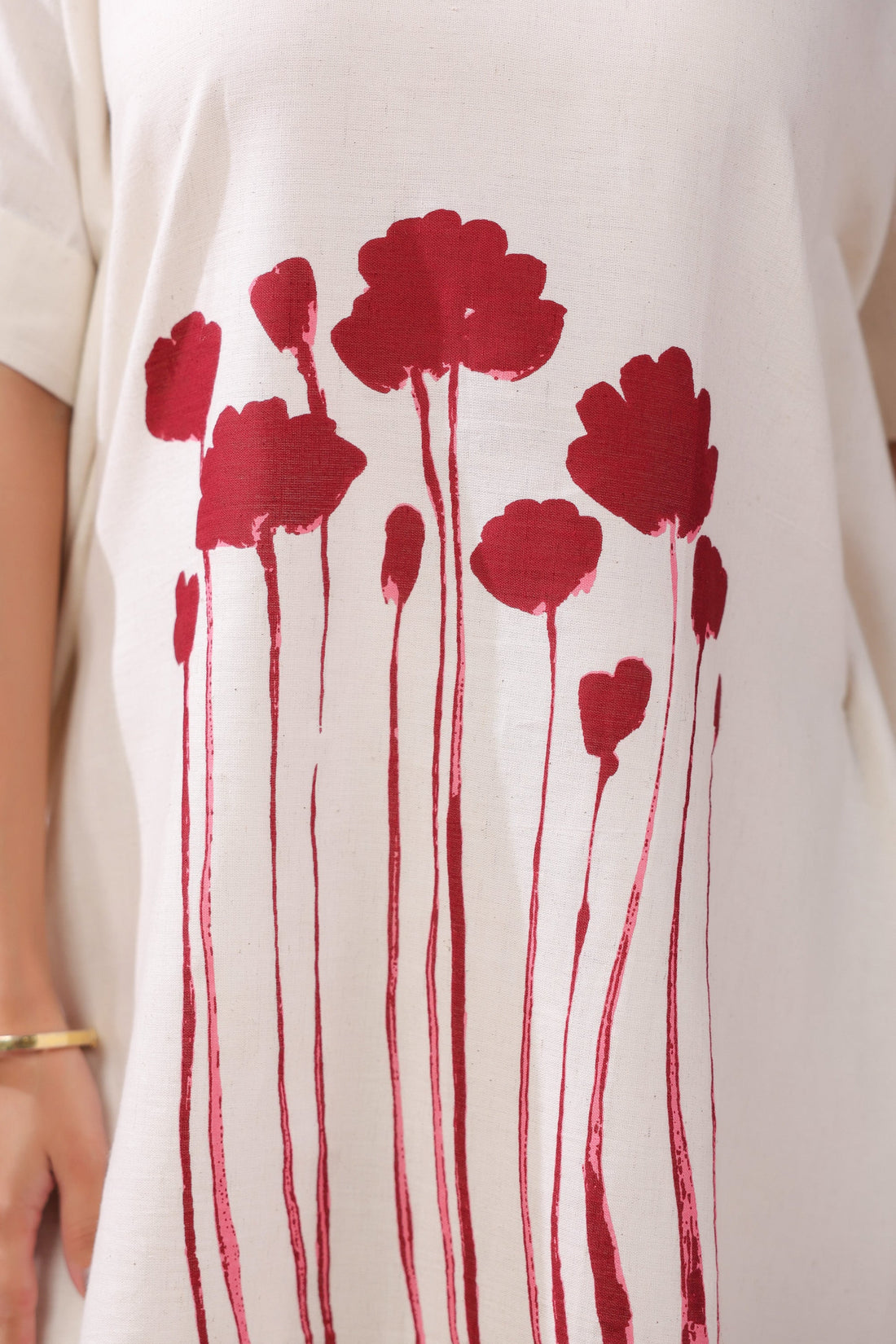 Off-White And Red Floral Print Tunic Cotton Flex Co-ord Set