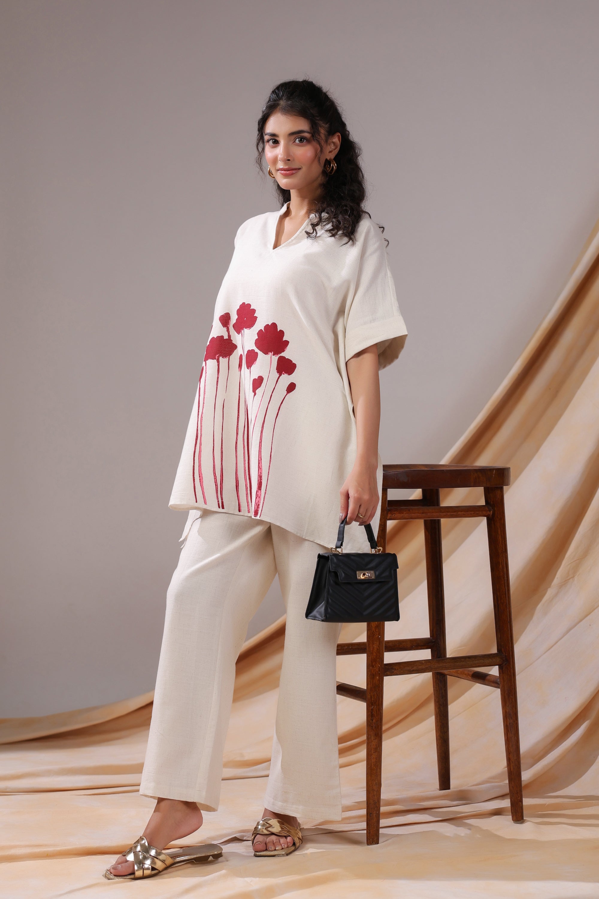 Off-White And Red Floral Print Tunic Cotton Flex Co-ord Set