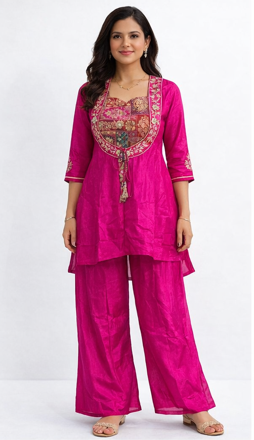 Rani Pink Pure Crape Silk Indo Western Set with Hand Work | Banarasi Jacquard Crop Top with Crape Silk Divider & Shrug | Festive & Wedding Wear