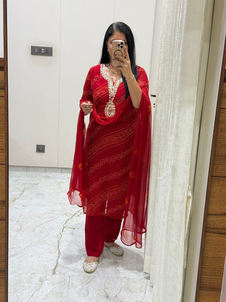 Women’s Red Bandhani Suit Set with Dupatta | Festive & Party Wear Kurti Pant Set