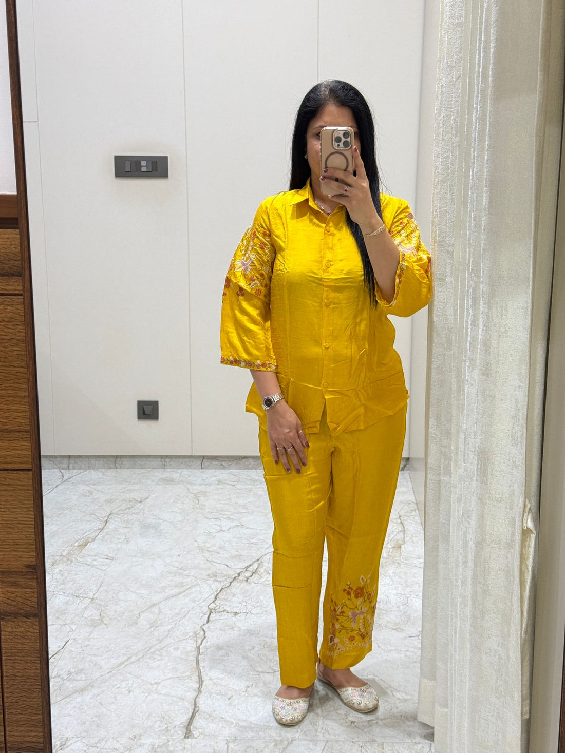 Mustard Yellow Embroidered Co-Ord Set for Women | Cotton Kurti Pant Set