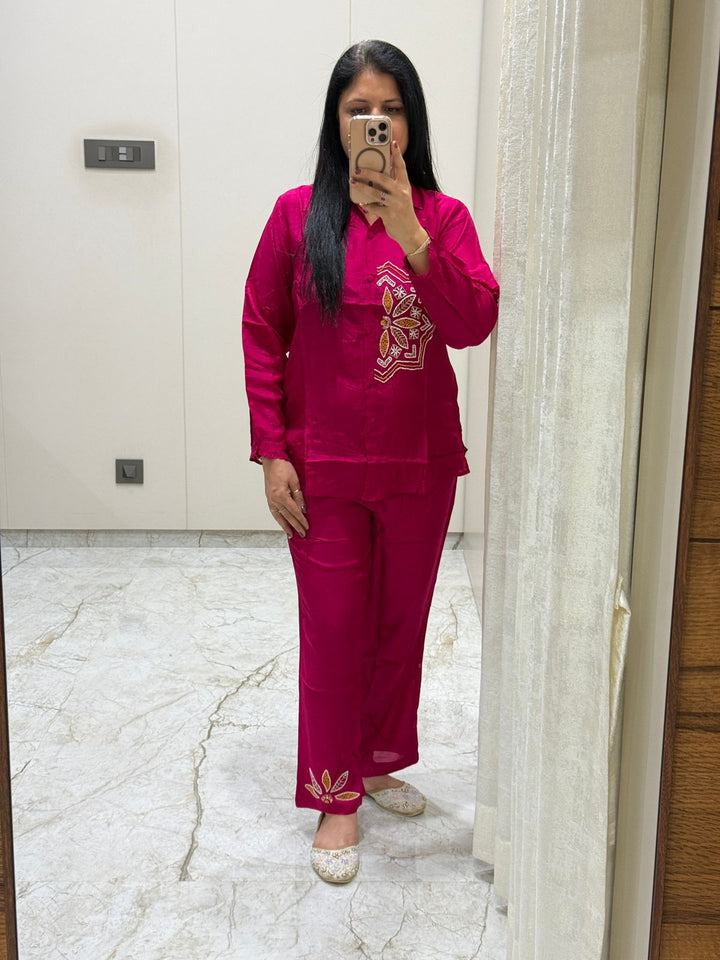 Rani Pink Muslin Co-Ord Set with Pearl Hand Work Detailing | Designer Kurti Pant Set for Women | Party & Festive Wear