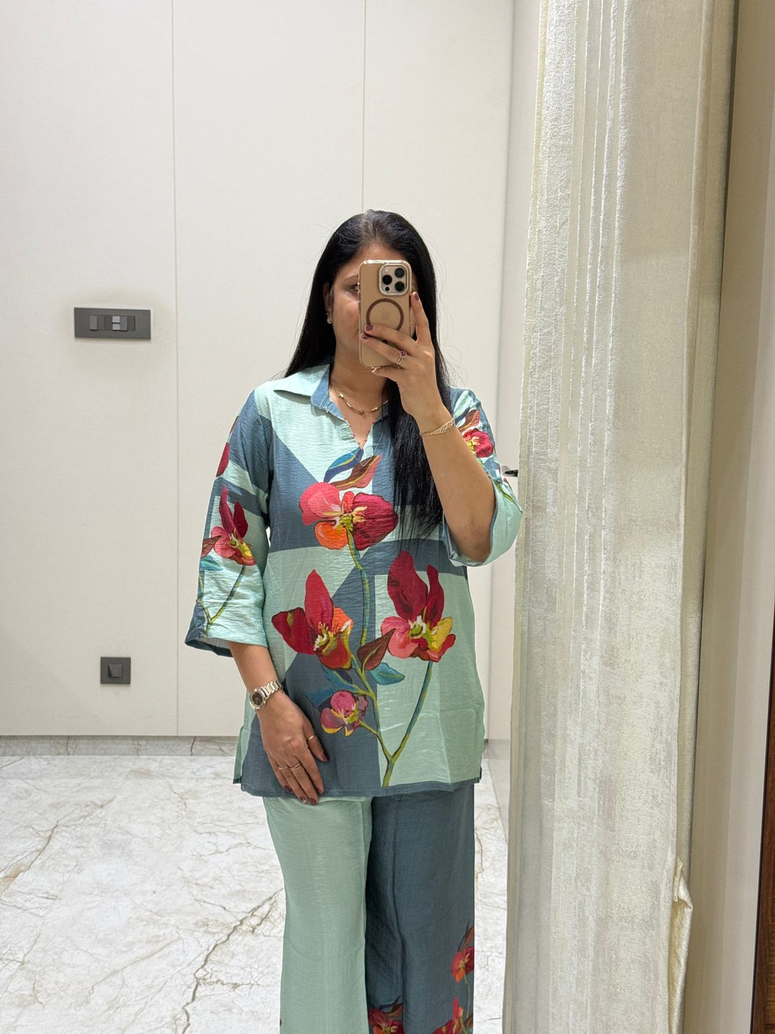 Sky Blue Floral Printed Co-Ord Set for Women | Cotton Shirt Collar Kurti & Pant Set