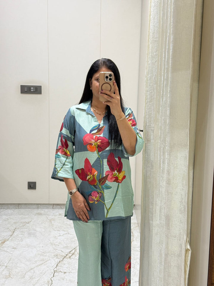 Sky Blue Floral Printed Co-Ord Set for Women | Cotton Shirt Collar Kurti & Pant Set